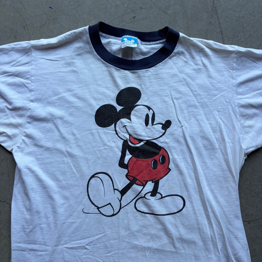 Vintage 80s Disney Mickey Mouse Ringer T-Shirt Mens Large White Navy - Picture 2 of 8